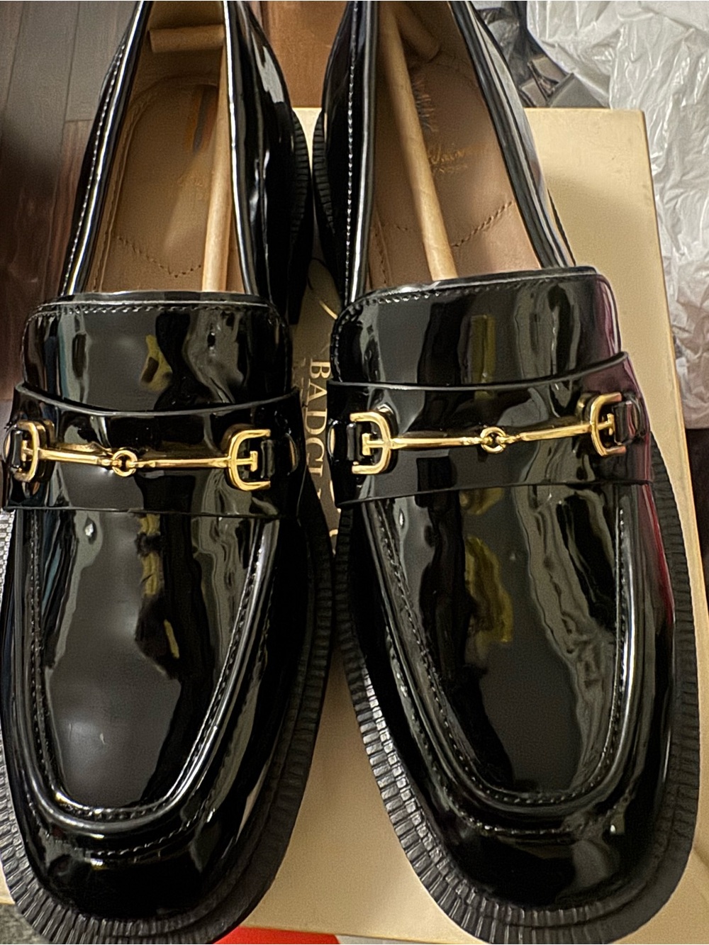 Sam Edelman Black Patent Loafers with Gold Hardware